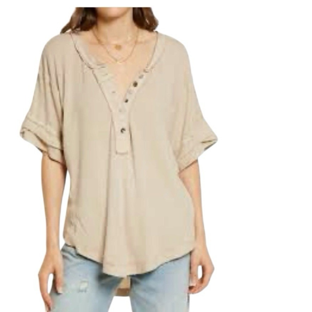 Free People We The Heritage Henley Tee Shirt Top Oak Tan Beige Linen Blend XL